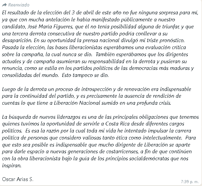 Óscar Arias afirma que le dijo a Figueres que perdería las elecciones 3 Óscar Arias
Figueres