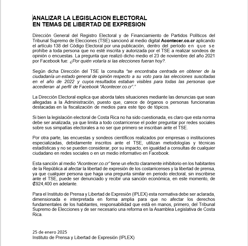 IPLEX cuestiona sanción del TSE a Acontecer.co.cr por limitar la libertad de expresión 3 Comunicado de IPLEX con respecto a la multa por parte del TSE a Acontecer.co.cr