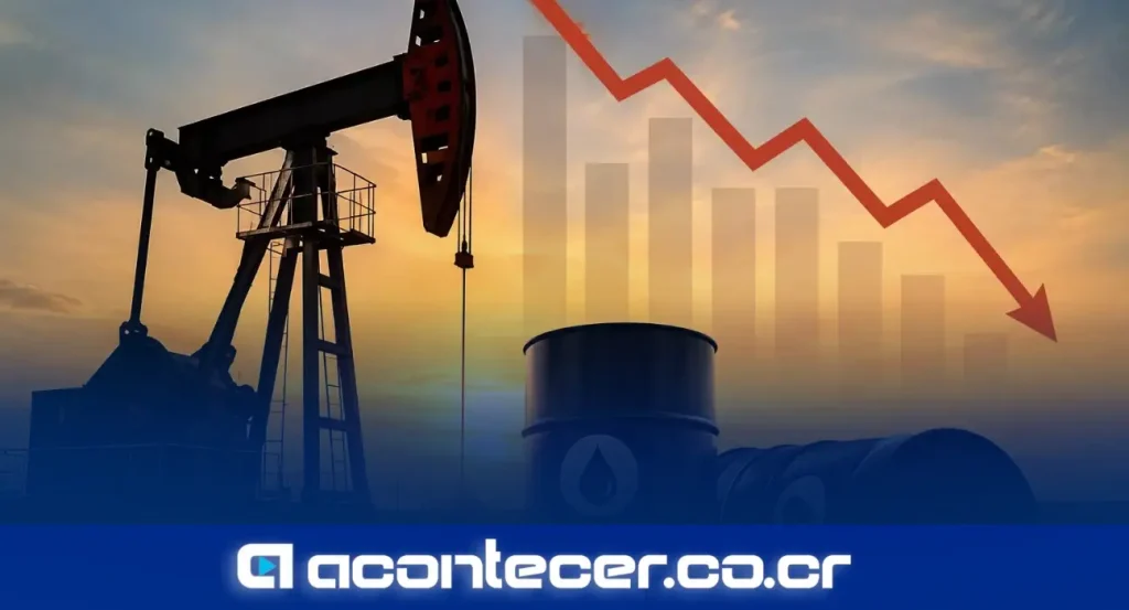 Barriles de petróleo en una refinería, con gráficos de precios en descenso al fondo