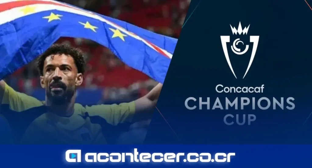 Bandera de Cabo Verde y logo de Concacaf sobre fondo de estadio de fútbol