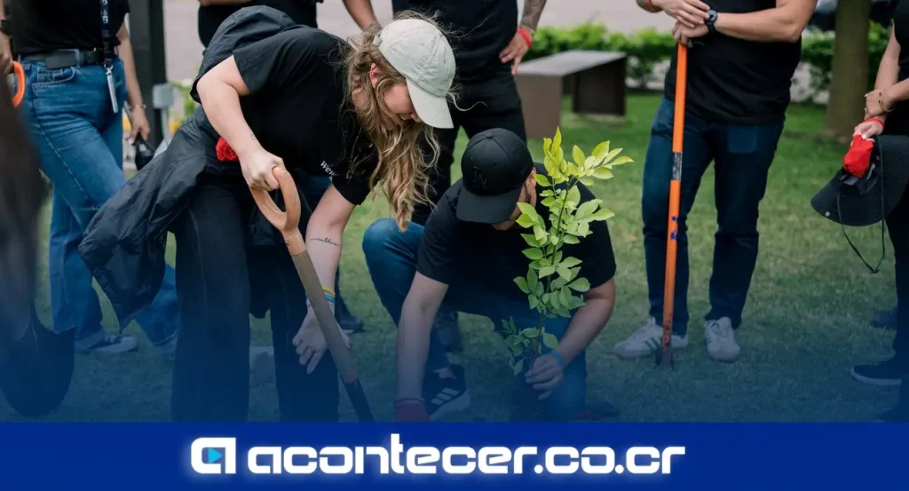 Voluntarios de WeWork Costa Rica plantando árboles en el Parque Empresarial La Lima, Cartago, con registro en la aplicación SELVA