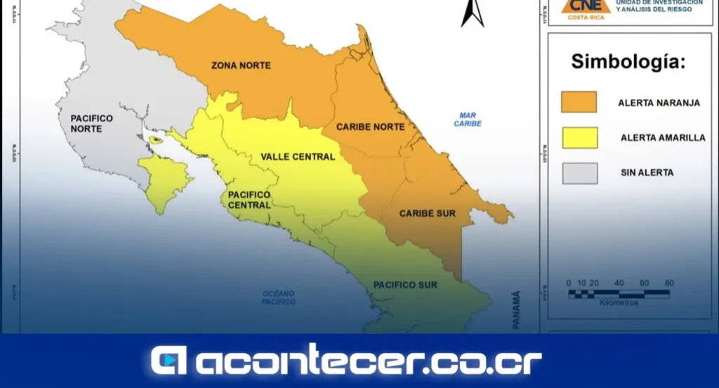 Mapa del Instituto Meteorológico Nacional con pronóstico de lluvias por onda tropical #33 en Costa Rica