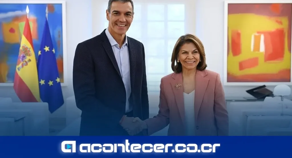 Laura Chinchilla Miranda y Pedro Sánchez estrechan manos en un salón oficial de La Moncloa con banderas de España y la Unión Europea al fondo