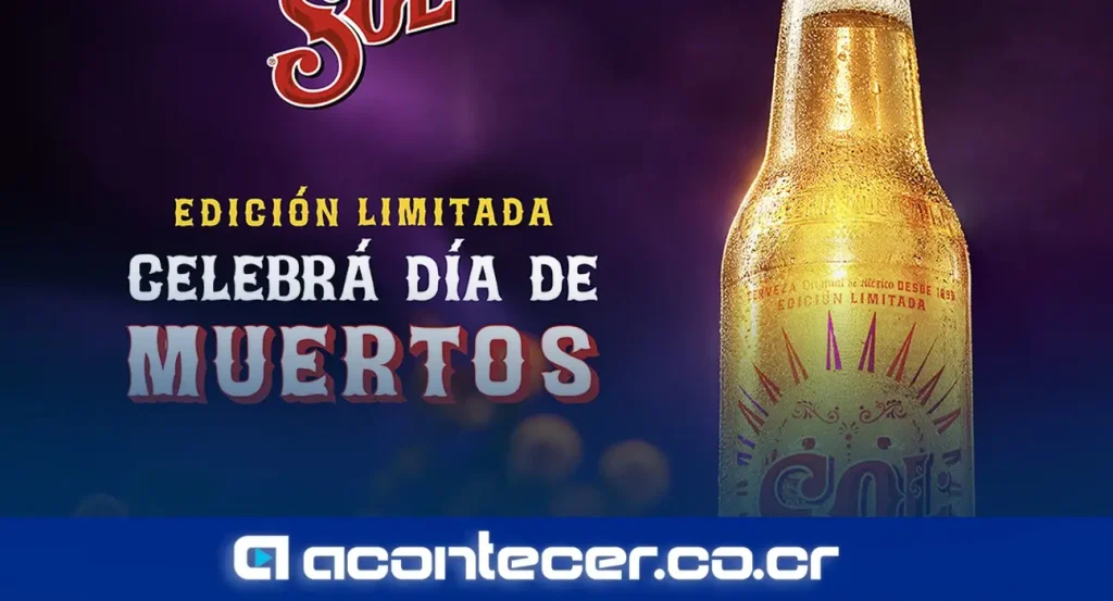 Botella de Cerveza Sol edición limitada Día de Muertos con diseño de catrina y colores amarillo, naranja y morado